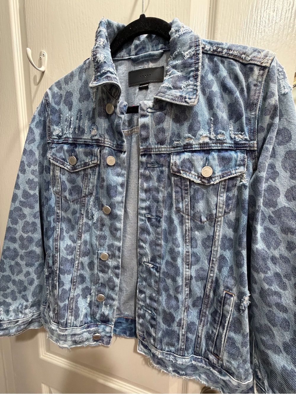 BLANKNYC Distressed Leopard Print Denim Jacket - Blue size XS